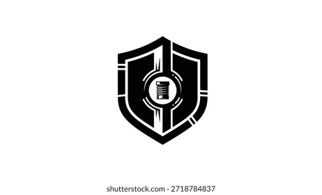 Un llamativo logotipo en blanco y negro con un escudo estilizado con un elemento circular central que encierra un carrete de hilo, que representa la seguridad y el trabajo textil.