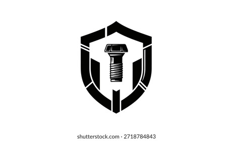 Un llamativo logo en blanco y negro con un cerrojo detallado centrado dentro de un escudo estilizado, que representa la fuerza y la seguridad en un contexto industrial.