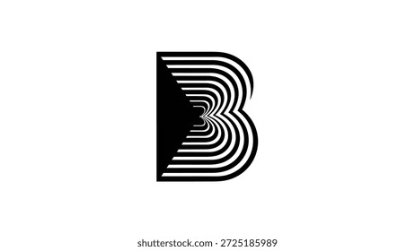 Um logotipo preto e branco impressionante com a letra B, criado com uma ilusão óptica de linhas convergentes, dando-lhe uma aparência dinâmica e moderna.