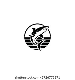 Un llamativo logo en blanco y negro con un tiburón y las olas del océano