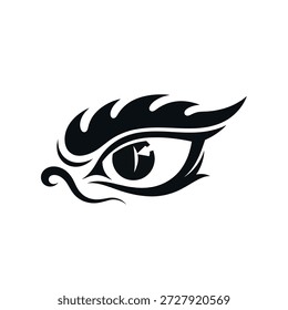 A striking black and white logo featuring a stylized dragon eye with a fierce, intense gaze and flame-like elements.