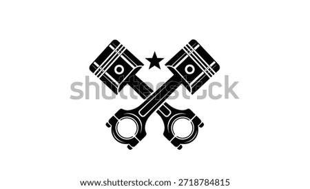 A striking black and white logo featuring two crossed engine pistons with a star centered above their intersection, symbolizing power and performance.