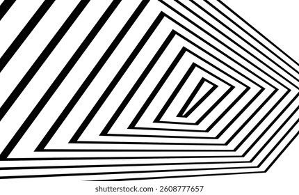  Striking black and white optical illusion with concentric angled rectangles creating a tunnel effect. A bold, abstract vector illustration perfect for modern graphic design.
