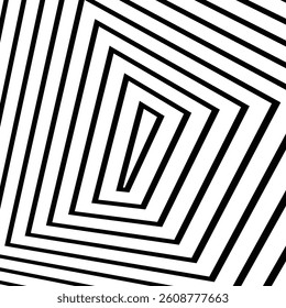  Striking black and white optical illusion with concentric angled rectangles creating a tunnel effect. A bold, abstract vector illustration perfect for modern graphic design.
