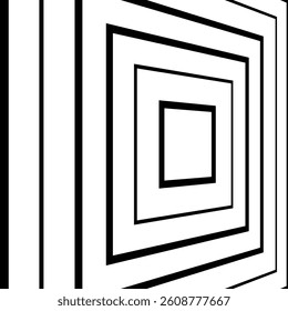  Striking black and white optical illusion with concentric angled rectangles creating a tunnel effect. A bold, abstract vector illustration perfect for modern graphic design.
