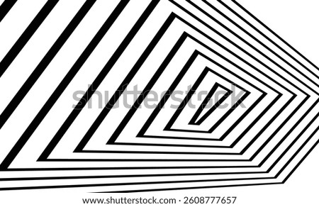  Striking black and white optical illusion with concentric angled rectangles creating a tunnel effect. A bold, abstract vector illustration perfect for modern graphic design.
