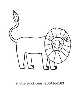 A striking black and white outline illustration of a lion standing proudly with its detailed mane. This artwork is perfect for educational materials, coloring books, or  highlights king of the jungle.