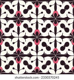 Striking black and white pattern, accented with touches of pink, creates a seamless and peppermint themed fabric design. The motif repeats effortlessly, making it ideal for various projects.