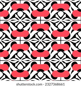 Striking black and white pattern adorned with vibrant red circles creates a seamless and mesmerizing fabric design inspired by peppermints.