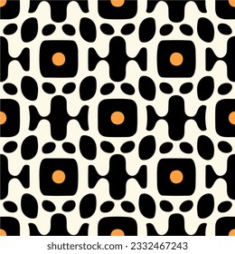 Striking black and white pattern adorned with vibrant orange dots an abstract and art deco inspired motif creating a mesmerizing repeating pattern.