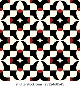 Striking black and white pattern adorned with red circles exudes the charm of art deco, showcasing an ornate geometric design reminiscent of a peppermint motif.