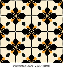 Striking black and white pattern adorned with vibrant orange accents an art deco inspired symmetrical tilework, exuding elegance.