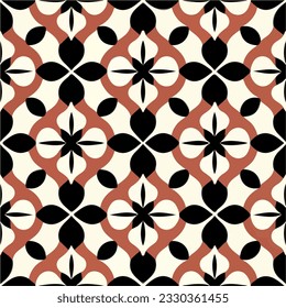 Striking black and white pattern adorning a vibrant red background, resembling intricate tilework and suitable for various applications, such as fabric design or seamless pattern creations.