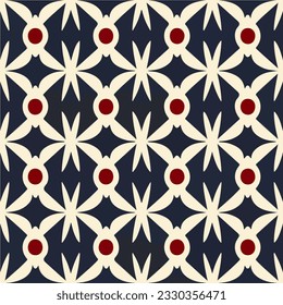 Striking black and white pattern with bold red circles, reminiscent of art deco designs. It is a repeating fabric pattern with a touch of darkness and features elegant floral motifs.
