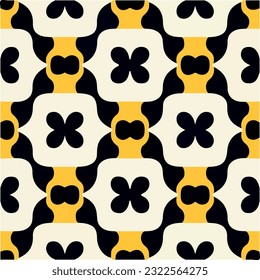 Striking black and white pattern complemented by yellow accents, presenting a symmetric and seamlessly repeating fabric pattern, displaying a harmonious and balanced design.