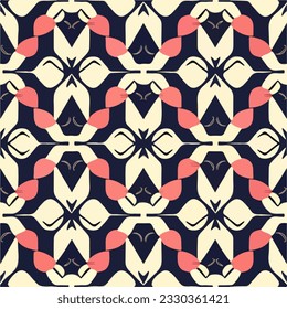 Striking black and white pattern highlighted with subtle pink accents, featuring a seamless design ideal for fabric, evoking an art deco aesthetic.