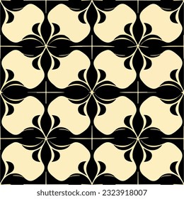 Striking black and white pattern on black background. Reminiscent of art nouveau floor pattern and art deco motifs, it showcases intricate tilework with an artistic flair.