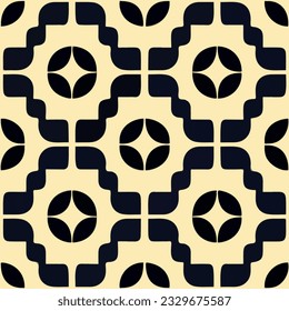 Striking black and white pattern set against a vibrant yellow background, showcasing patterned tilework and art deco influences, suitable for borders or tiling.