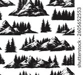 A striking black and white pattern showcasing various mountain ranges and evergreen trees. The design features sharp peaks lush foliage and a bold contrast that captivates the viewer.