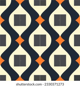 Striking black and white pattern with vibrant orange accents, showcasing an art deco design that repeats seamlessly, ideal for fabric prints.