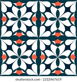 Striking black and white pattern with vibrant orange accents. It incorporates a peppermint motif and exhibits seamless symmetry, drawing inspiration from Persian designs.