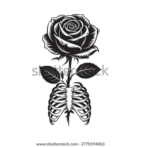 A striking black and white rose emerging from a human ribcage