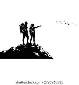 A striking black and white silhouette of a backpacking couple standing on a rugged mountain peak. The woman points towards a distant flock of flying birds, capturing true outdoor adventure