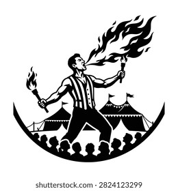 A striking black and white silhouette of a daring fire eater performing at a circus tent show before a captivated audience. Perfect for entertainment event designs.