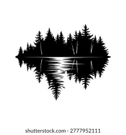 A striking black and white silhouette of a dense pine forest mirrored perfectly in the still surface of a lake or river.