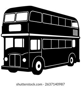 A striking black and white silhouette depicts a classic London double-decker bus, an instantly recognizable transport icon.