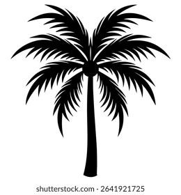 A striking black and white silhouette depicts a single, elegant palm tree standing tall.