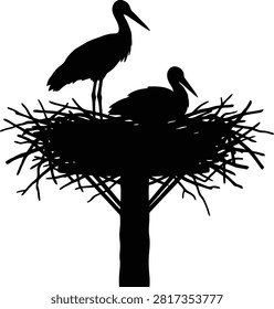 A striking black and white silhouette featuring two storks resting in a large nest atop a tree branch.