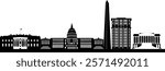 A striking black and white silhouette of iconic Washington DC landmarks, showcasing the Capitol, Washington Monument, White House, Supreme Court, and Jefferson Memorial.