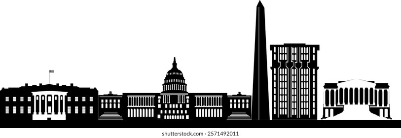 A striking black and white silhouette of iconic Washington DC landmarks, showcasing the Capitol, Washington Monument, White House, Supreme Court, and Jefferson Memorial.