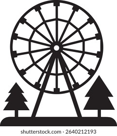A striking black and white silhouette illustration features a classic Ferris wheel alongside two pine trees, all set against a clean white background. 