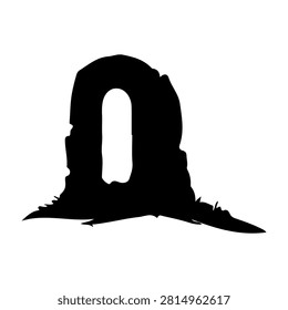A striking black and white silhouette of a large, rugged rock formation with a natural arch, set against a plain white background.