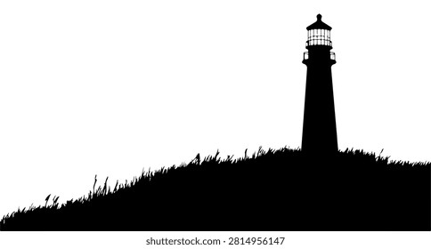 A striking black and white silhouette of a lighthouse perched on a hilltop, with grass in the foreground and a clear sky background.