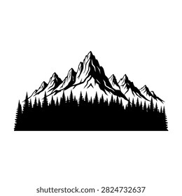 A striking black and white silhouette of a mountain range with a dense forest at the base, emphasizing natural beauty and wilderness.