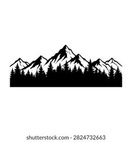 A striking black and white silhouette of a mountain range with dense forest at the base, emphasizing natural landscape and wilderness.