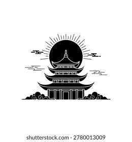 A striking black and white silhouette of a multi-tiered Japanese pagoda, set against a stylized rising sun and wispy clouds.