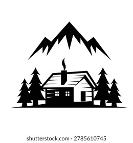Striking black and white silhouette of a rustic cabin in a mountain landscape with pine trees and chimney smoke, ideal for nature and outdoor branding.