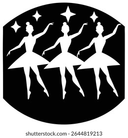 Silhueta em preto e branco impressionante de três bailarinos graciosos adornados em tutus, realizando sob o brilho radiante de estrelas, todos contidos em um quadro circular arrojado.