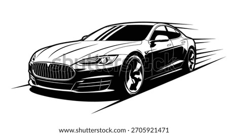 A striking black and white sketch of a sleek, modern electric sedan, captured with dynamic lines suggesting speed and movement.