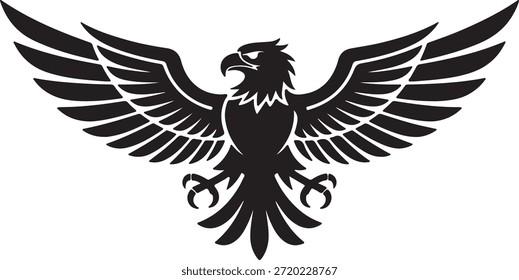 Un llamativo águila estilizada en blanco y negro con alas extendidas y poderosas garras, que simbolizan el poder, la libertad y la autoridad.