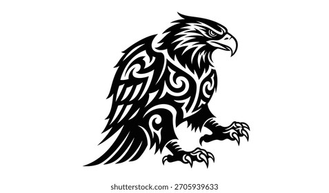 A striking black and white tribal eagle design with intricate swirling patterns, symbolizing strength and freedom.