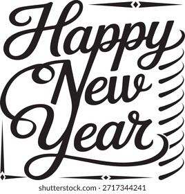 Un llamativo diseño tipográfico en blanco y negro con la frase 'Feliz año Nuevo'. El texto se representa en una hermosa y elegante fuente de escritura, con las palabras 'Feliz' y 'Año' con formas de letras caligráficas fluidas, mientras que 'Nuevo' utiliza una escritura ligeramente más estructurada pero complementaria. La composición general está enmarcada por sutiles Elementos decorativos, incluidas líneas Horizontales con Pequeños acentos de diamantes en la parte superior e inferior, y una serie de líneas suaves y curvas a lo largo del lado derecho, que se suman a la sensación festiva y celebratoria. Este diseño es perfecto para saludos de año nuevo, invitaciones, decoraciones o Anuncios digitales.