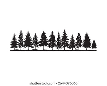 A striking black and white vector design presents a detailed silhouette of a dense forest composed of evergreen trees.
