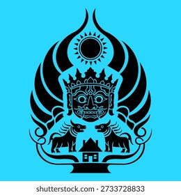 Striking black and white vector emblem of a crowned mythological deity mask with a radiating sun, flanked by two buffaloes and a house icon, symbolizing cultural heritage, strength, and spirituality.