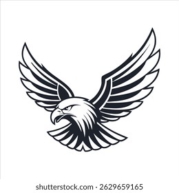 Striking black and white vector graphic of an eagle with wings spread downward, capturing a sense of power and focus.