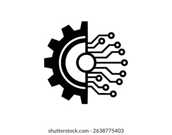 A striking black and white vector graphic depicting a gear seamlessly merging with a circuit board, symbolizing the integration of technology and mechanics.